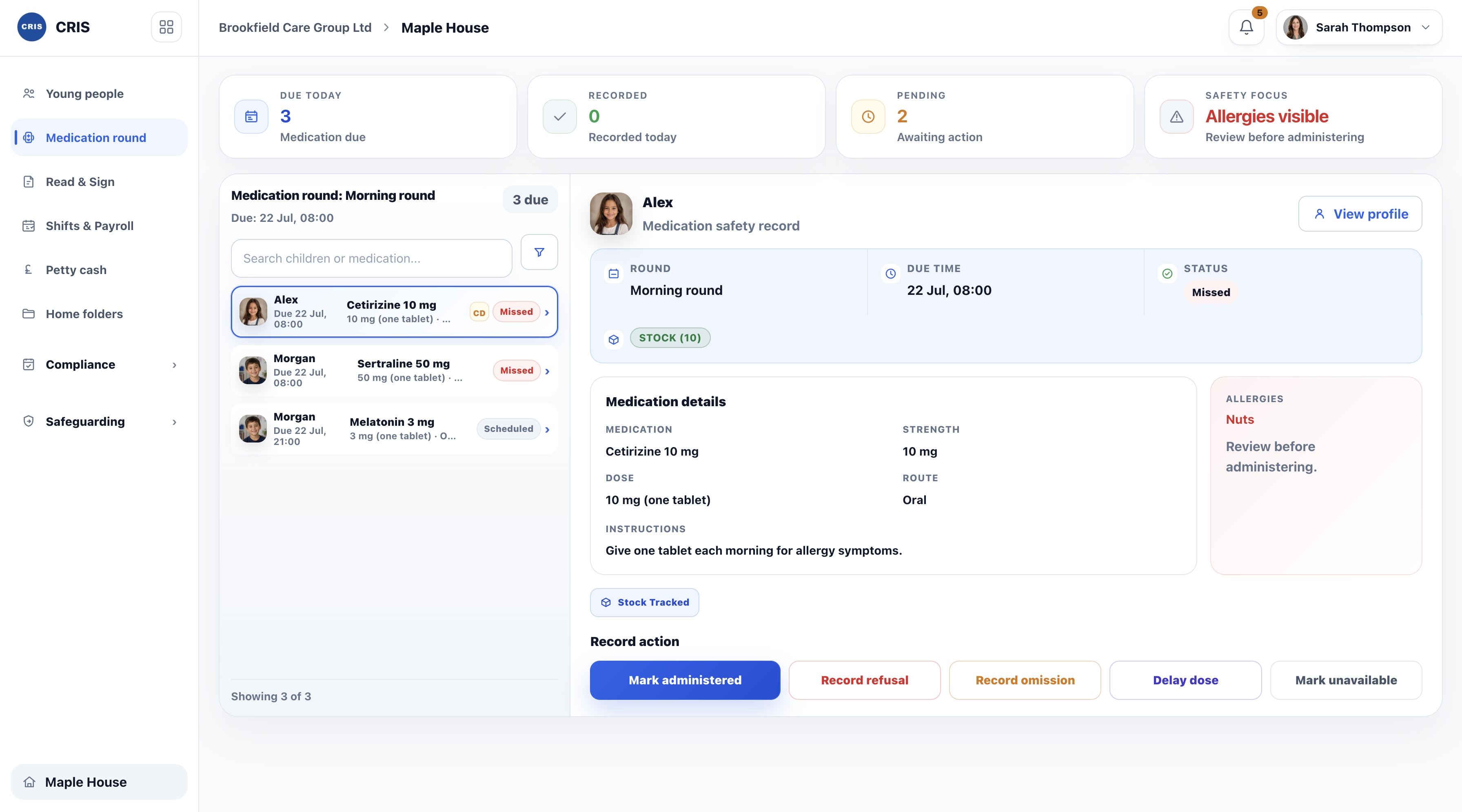 CRIS medication round (eMAR) with allergy alerts and safety workflow