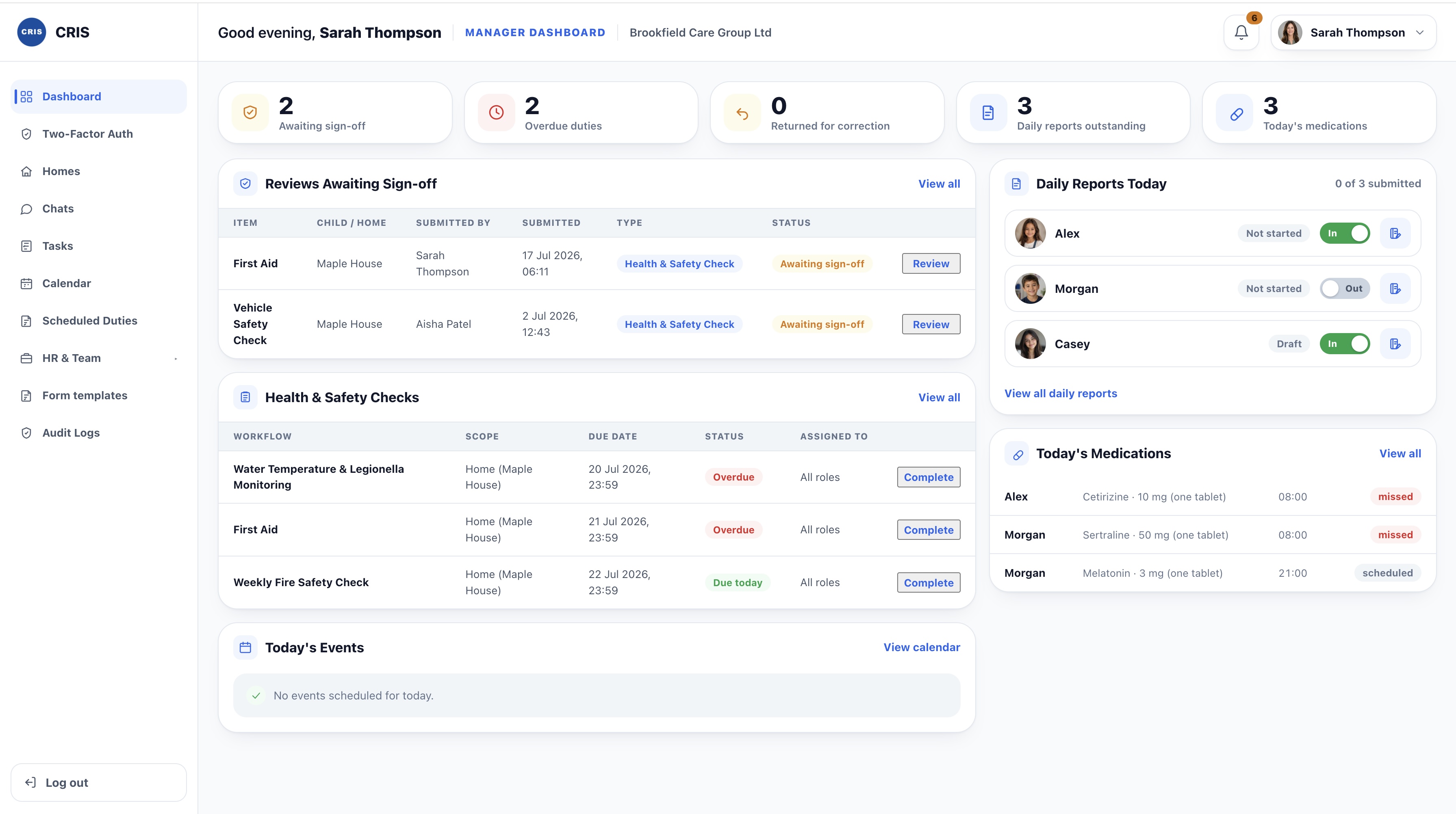 CRIS manager dashboard on desktop