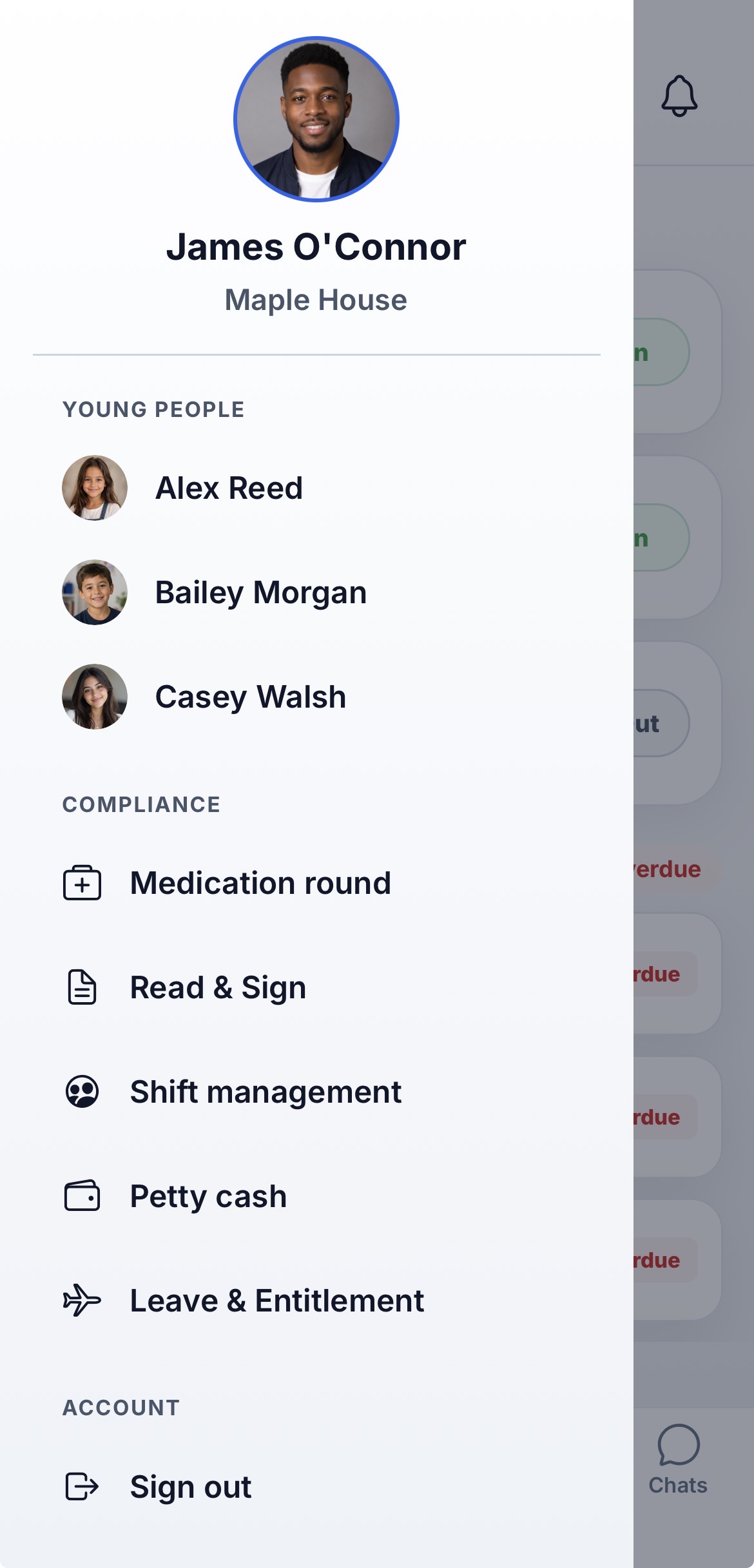 CRIS young person profile and navigation on the mobile app